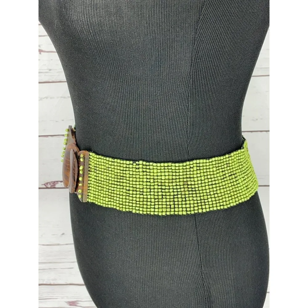 Vintage Elastic Lime Green Handmade Glass Beaded Wooden Clasp 70’s Boho Chic Sty